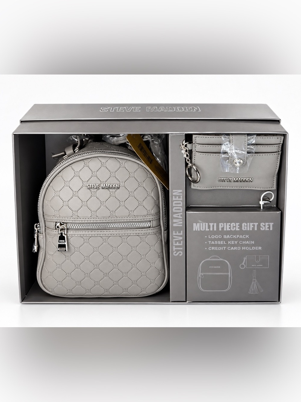 Steve Madden Light Gray Quilted Logo Mini Backpack Gift Set